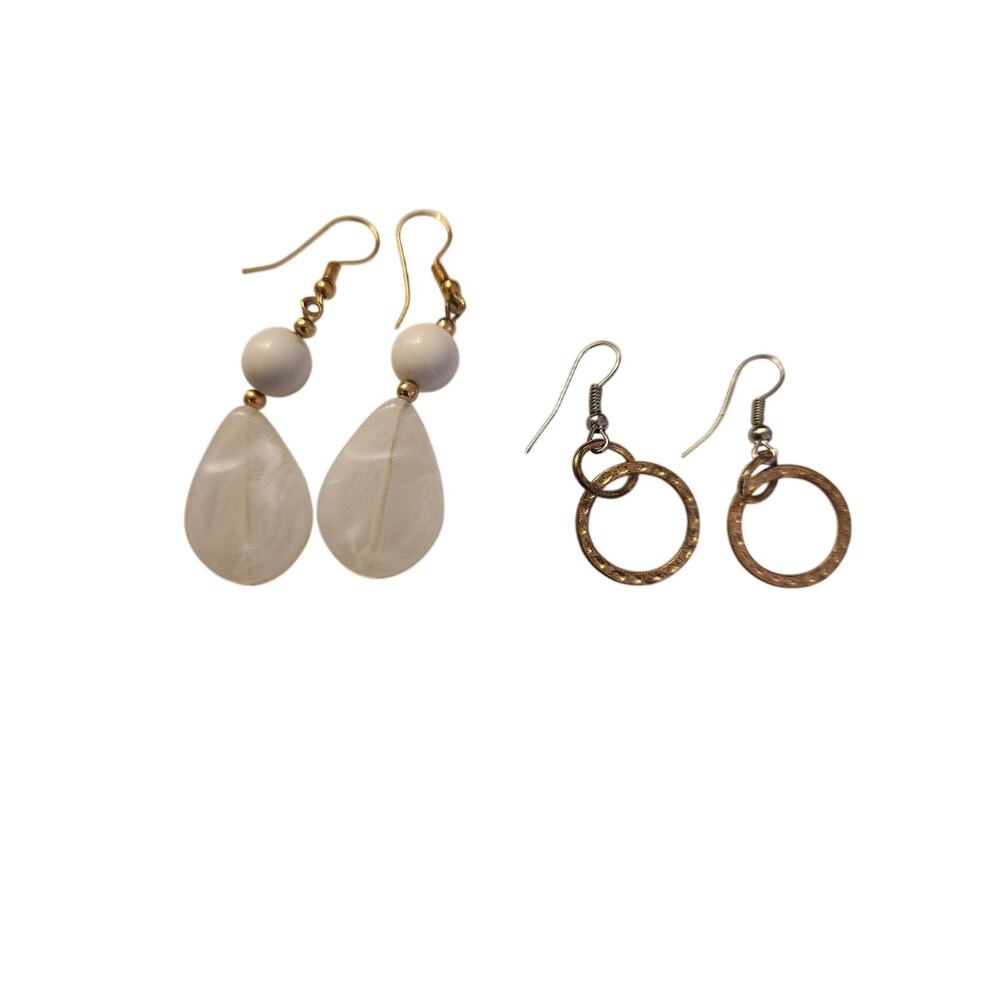 Vintage Style Earrings Bundle White Acrylic Drops & Gold Tone Hoop Dangles